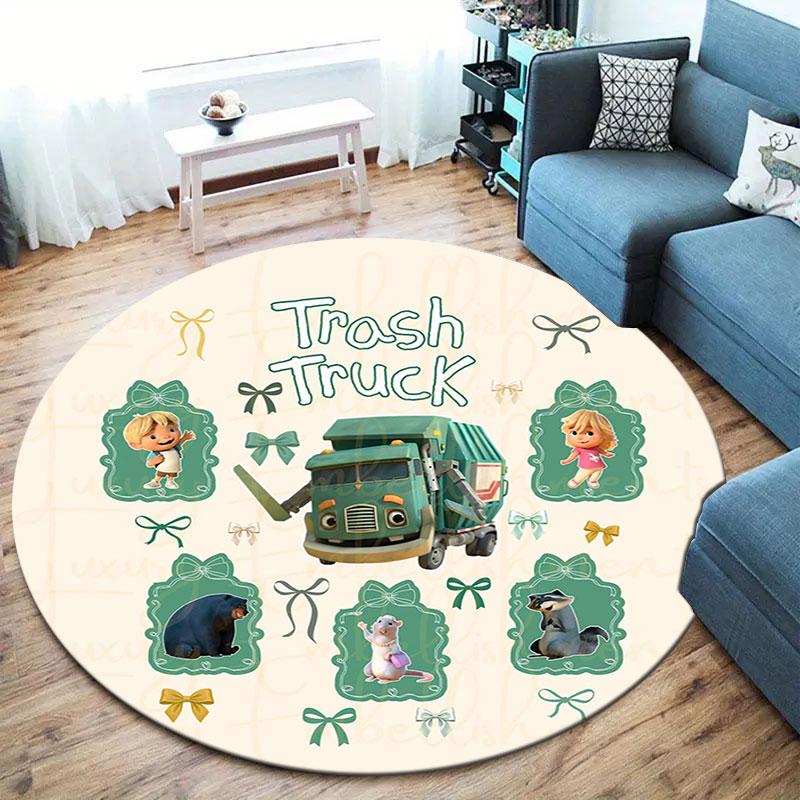 Trash Truck Round Area Rug,Carpet Rug for Living Room Bedroom Sofa Playroom Decor,Non-slip Floor Mat