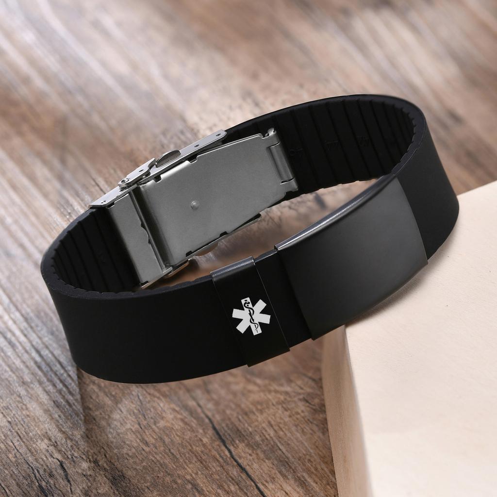 Custom Engrave Blank ID Bracelets for Women,Casual Silicone Wristband with Stainless Steel Medical Logo Tag,Length Adjustable