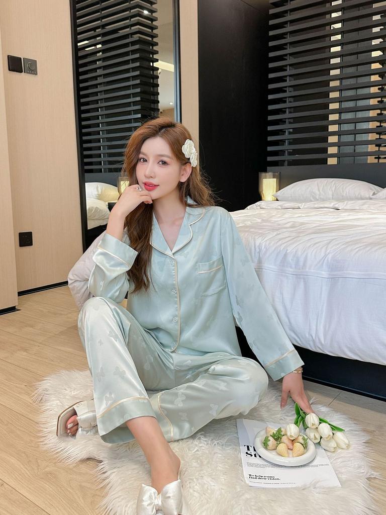 Pajamas Women's Spring and Autumn Ice Silk Long Sleeve Butterfly Jacquard Homewear Summer Thin Air Conditioning Clothing Set Autumn 1111