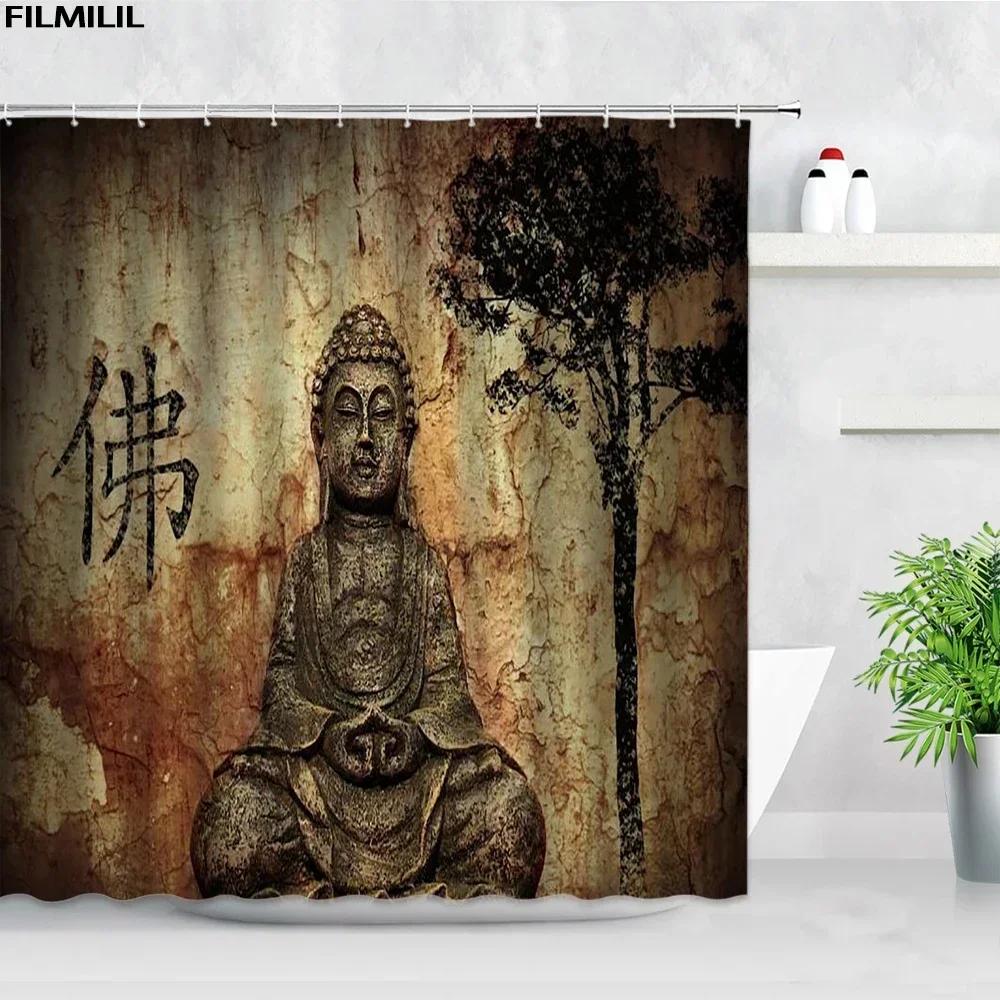 Zen Green Bamboo Shower Curtains Stone Buddha Lotus Candle Asian Japanese Spa Garden Scenery Bath Curtain Fabric Bathroom Decor