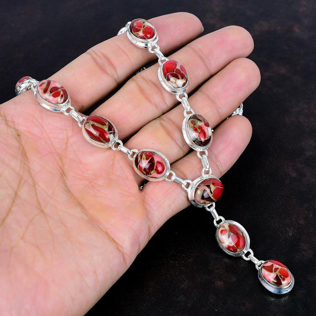 Kingman Red Mohave Copper Turquoise Necklace 925 Sterling Silver Necklace Gemstone Adjustable Chain Necklace Handmade Jewelry Gifts for Wife