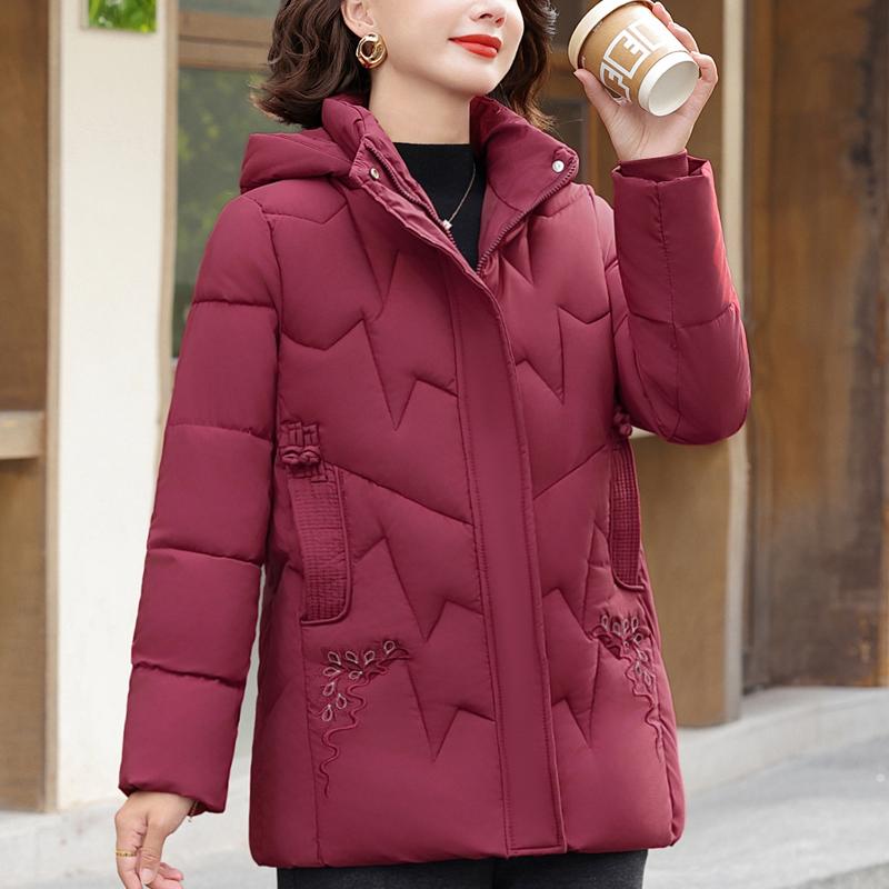 Plus Size Middle Age Women Winter Coats Hooded Elegant Thick Warm Embroidery Parkas Female Jackets