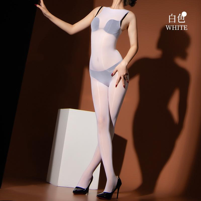 Women Sexy Full Body Stockings Vest Oil Shiny Glossy Sheer Bodysuits Open Crotch Sleeveless See Through Jumpsuits Tights Leotard