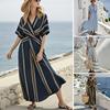 Maxi Robe d'Été pour Femmes Rayée Manches Courtes Col en V Robe évasée Décontractée Vacances à la Plage Fluide Robe d'été coupe A