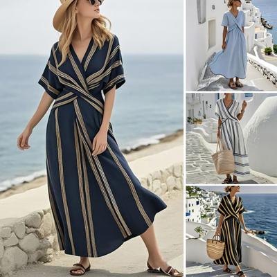 Summer Maxi Dress for Women Striped Short Sleeve V Neck Swing Dress Casual Beach Vacation Flowy A-line Sundress
