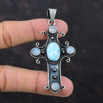 Larimar Gemstone Pendant Rainbow Moonstone Pendant Cross Pendant 925 Sterling Silver Pendant Handmade Unique Pendant Silver Jewelry For Gift