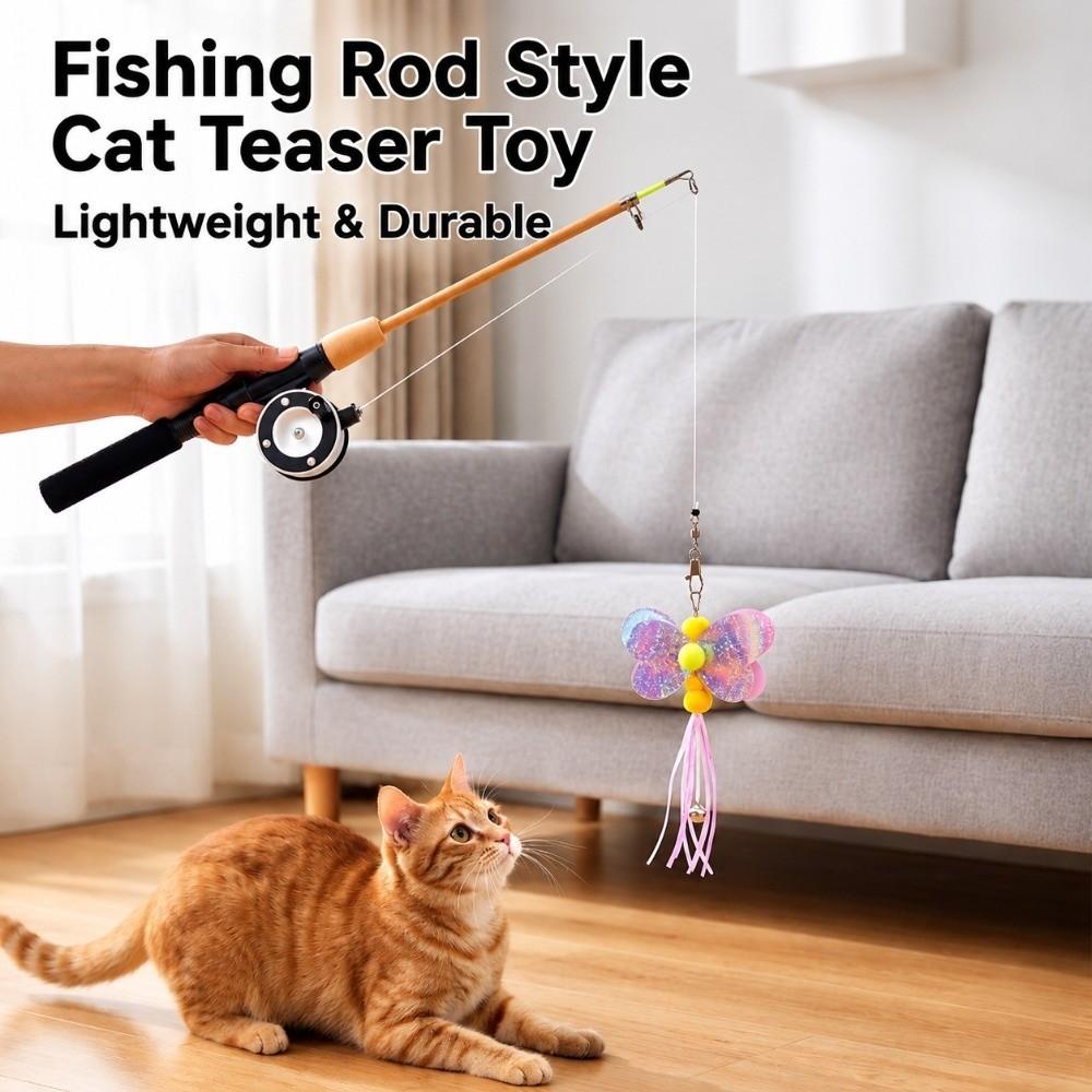 Fishing Wheel Design Fishing Rod Cat Toy Retractable Pole Interactive Cat Stick Indoor Cat Play