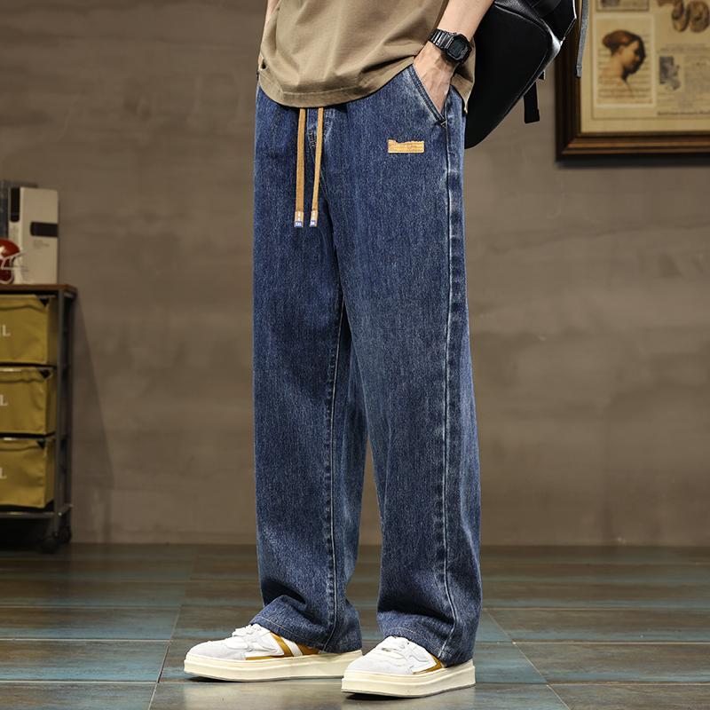 Spring Autumn Men Straight Leg Blue Gray Loose Drawstring Jeans Streetwear Casual Wide Denim Pants Male Baggy Trousers