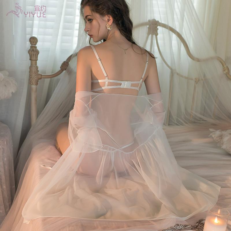Erotic Underwear Sexy Lace Seductive Steel Frame Gathering Bra Open Uniform Pajamas Outer Robe Set 8840