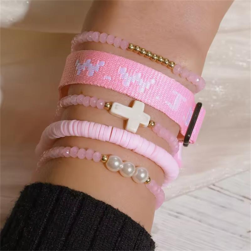 and cross imitation pearl 5-piece for women beaded fashionable set Pink bracelet WWJD bracelet set Jewelry
