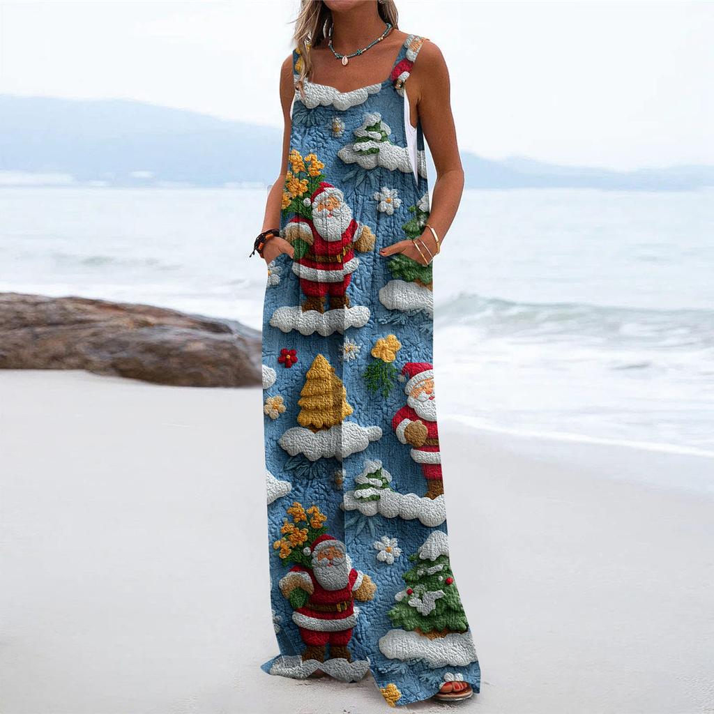 Women's Christmas Print Solid Wide Leg Strapless Tank Pocket Casual Onesie