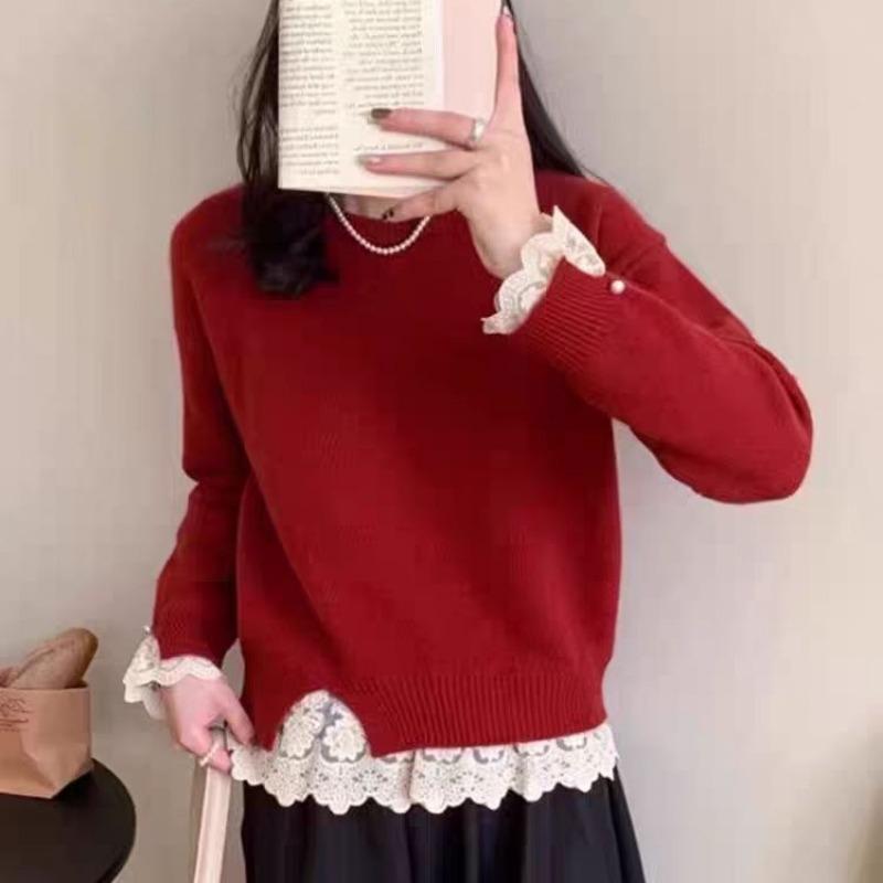 Korean Fashion Sweet Lace Splicing Knitted Pullover Sweater Women Autumn Winter Sweet Bottoming Top Fashion Basic Elegant Loose Solid Color Clothing
