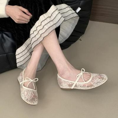 Pantofi de damă cu plasă și dantelă, cu înălțare interioară, de vară, noi, sexy, cu vârf pătrat, respirabili, pantofi balerini, pantofi plati cu fundă