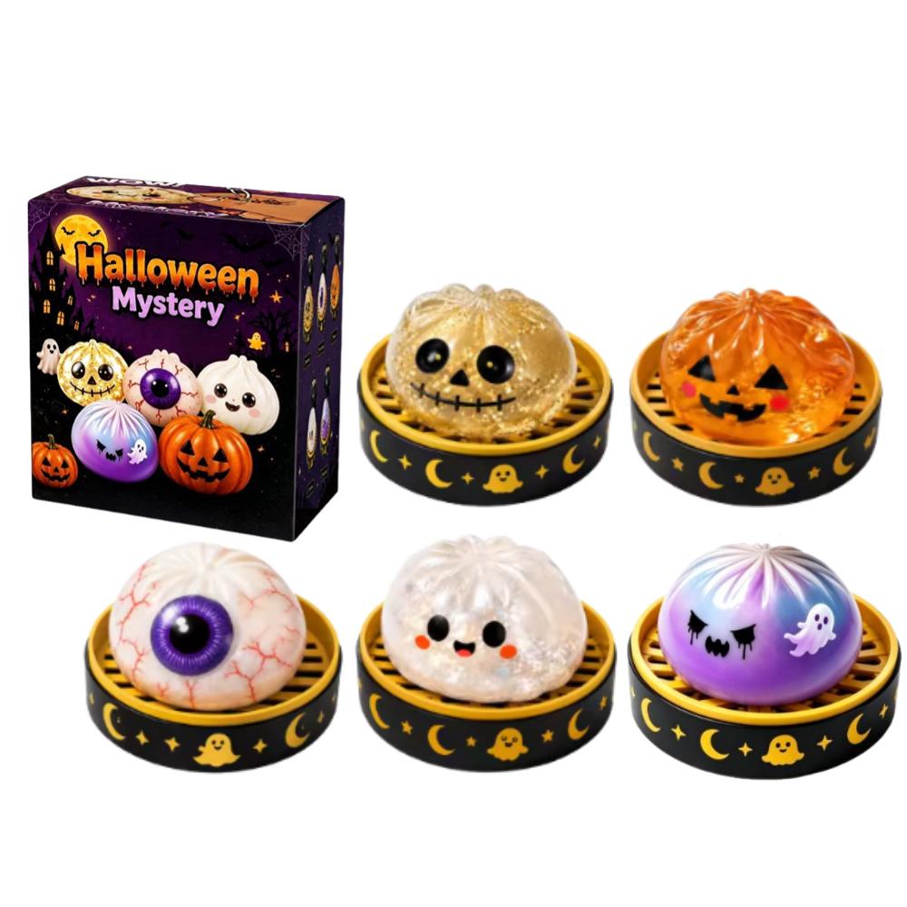 New 1-5pcs Halloween Ghost Dumpling Squishy Toy with Box Squeeze Depression Fidget Toy for Stress Relief Gift Box Set