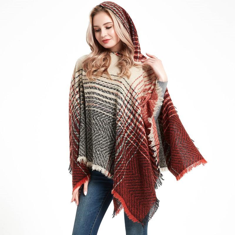 Womens Gradient Herringbone Circle Yarn Hooded Poncho Sweater Shawl Winter Fall Streetwear