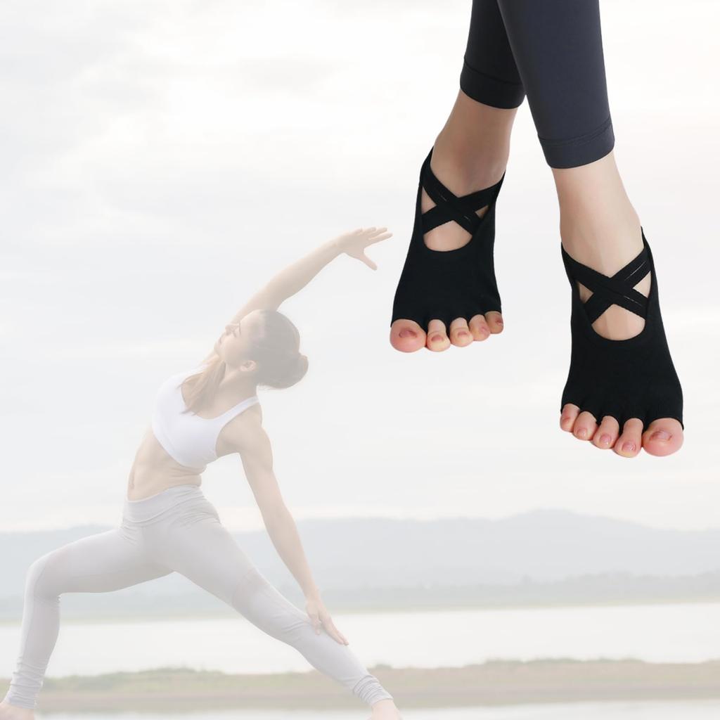Ogcy Pilates und Yoga Set mit 2 Socken, Zehensocken, Rutschfest, Schwarz,