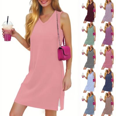 Women's Casual Fashion Sexy V-neck Sleeveless Striped Hem Slit Dress