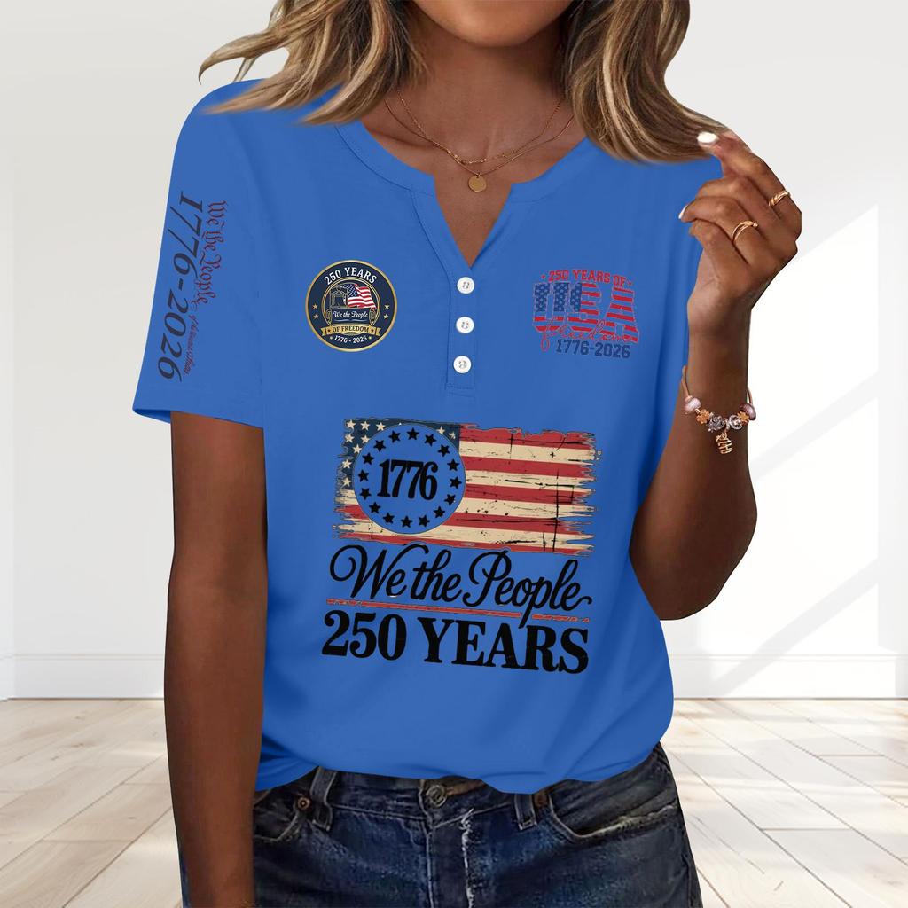 Women's Fashion Casual 250th Anniversary Independence Day Print V-Neck Short Sleeve Decorated Button-Up T-Shirt
