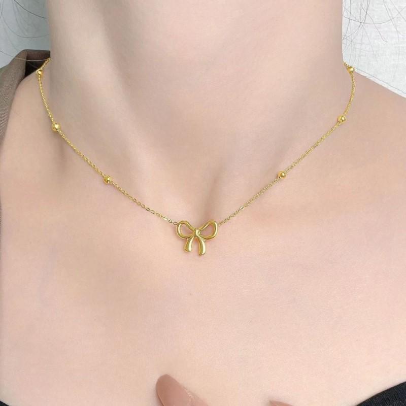 316L Stainless Steel Bowknot Pendant Necklace for Women Trendy Beads Choker Chain Necklace Party Jewelry Accessories