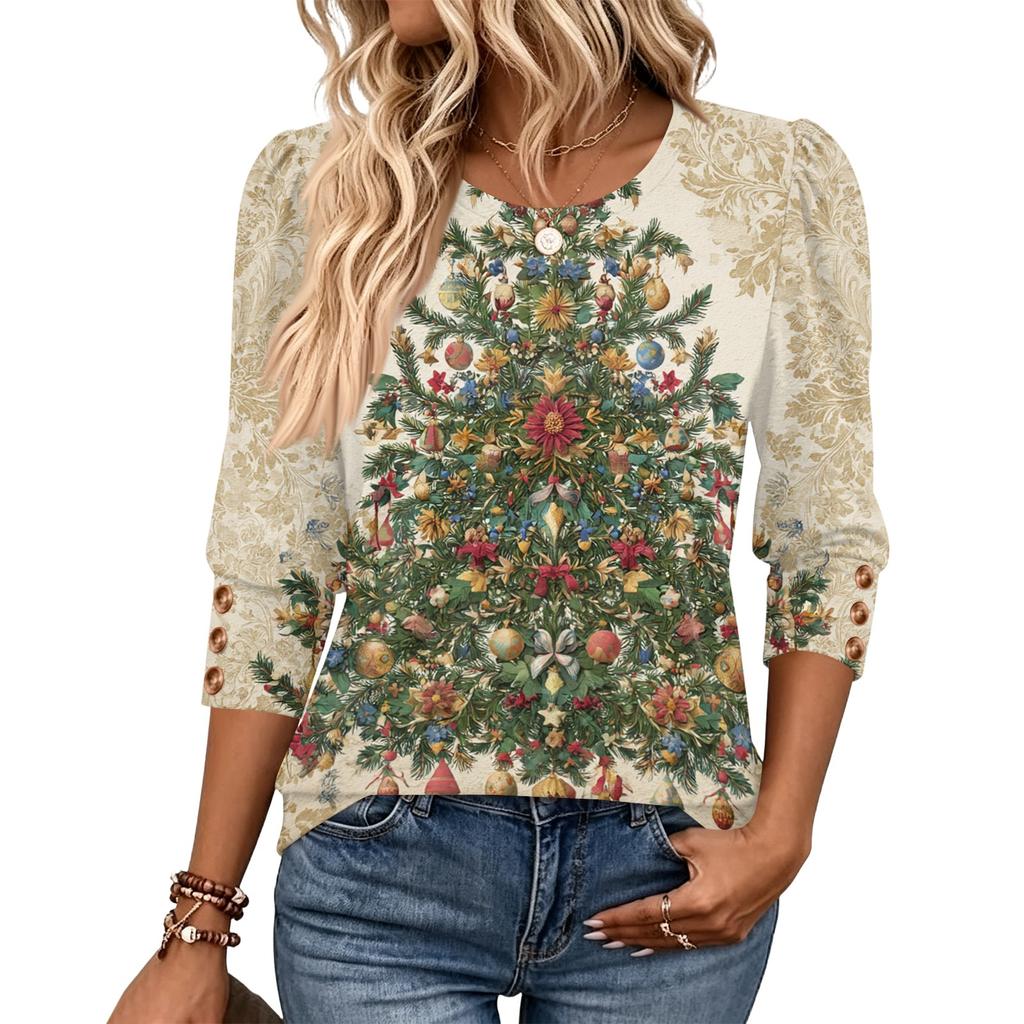 Women's Fashion Three-Quarter Sleeve Crewneck T-Shirt Casual Top for Everyday Wear