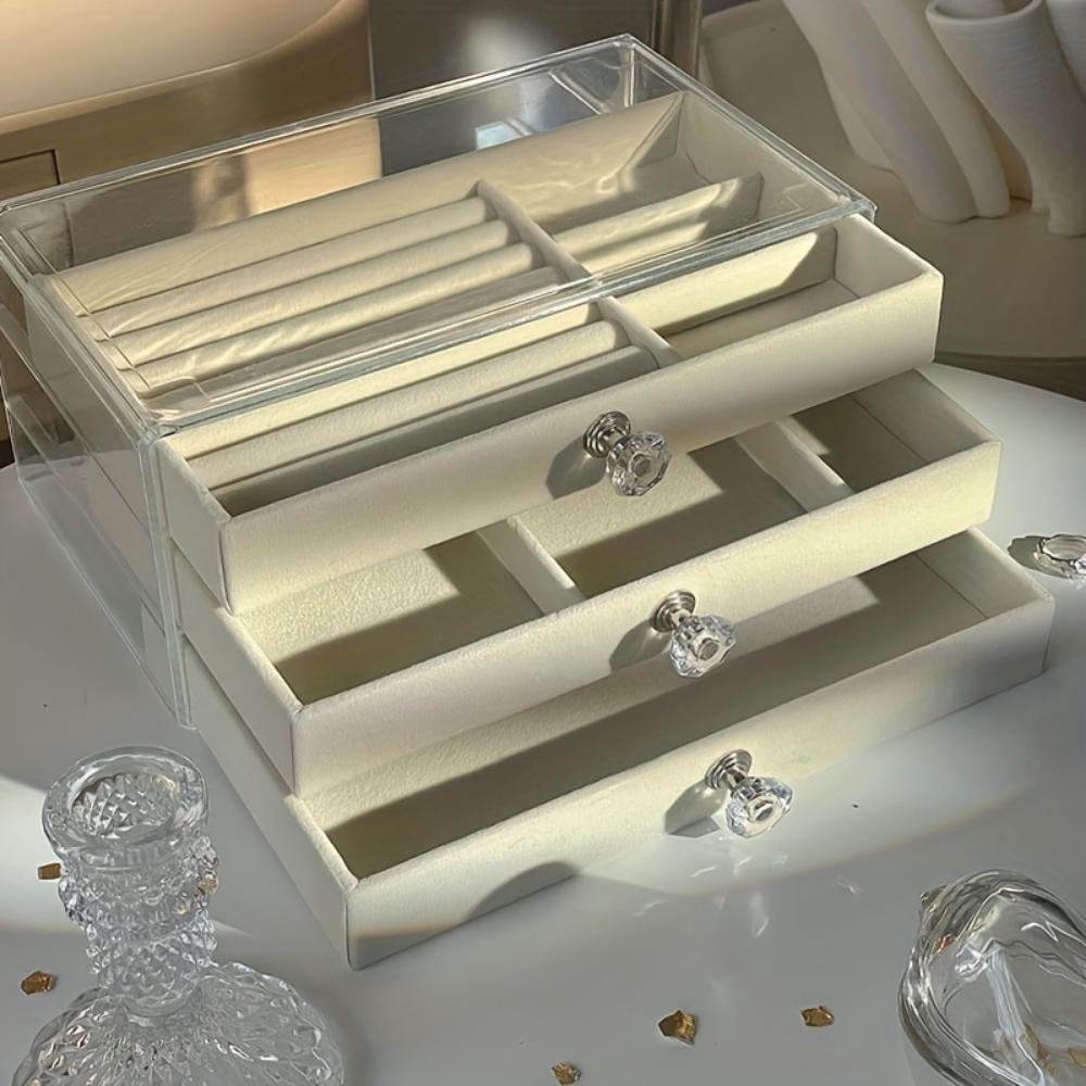 Cutie elegantă de depozitare a bijuteriilor din acril, cu trei straturi, ușor de asamblat și de depozitat inele, coliere, brățări | Vitrină dreptunghiulară, cutie de bijuterii
