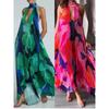 Bohemian Deep V Hollow-out Hanging Neck Lace-up Backless Sexy Sleeveless Pleat Big Hemline Mid-Length Dress Vacation
