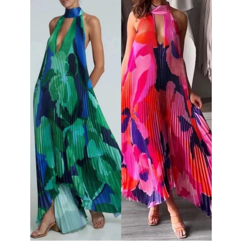 Bohemian Deep V Hollow-out Hanging Neck Lace-up Backless Sexy Sleeveless Pleat Big Hemline Mid-Length Dress Vacation