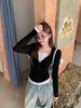 Korean Style Faux Two-Piece Color Block Long Sleeve Women's T-shirt - Slim Fit Autumn Design with Half-Open Collar