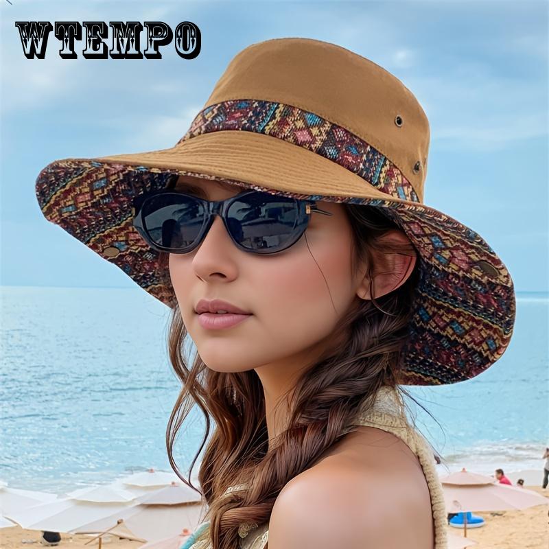 2-Way Adjustable Women's Bohemian Embroidered Sun Hat - Wide Brim Windproof Fisherman Hat with Vibrant Geometric Patterns, All-Season Outdoor Travel