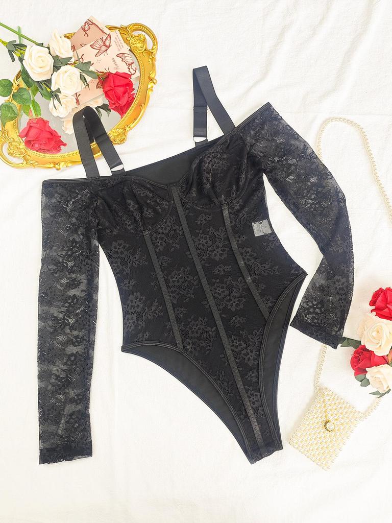 European & American Sexy Lace Patchwork Strappy Black Bodysuit