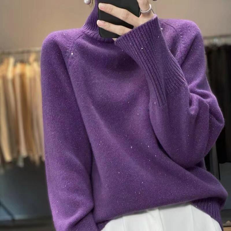 Loose sequined turtleneck thickened casual solid color sweater women's winter new base two lapel knitting