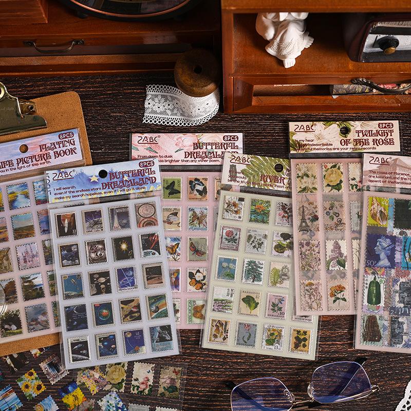 1 Set Vintage Collage Stamp Stickers Pack Hand Account Retro Plants Natural Oil Painting Stars and Moon DIY Decoration Paper