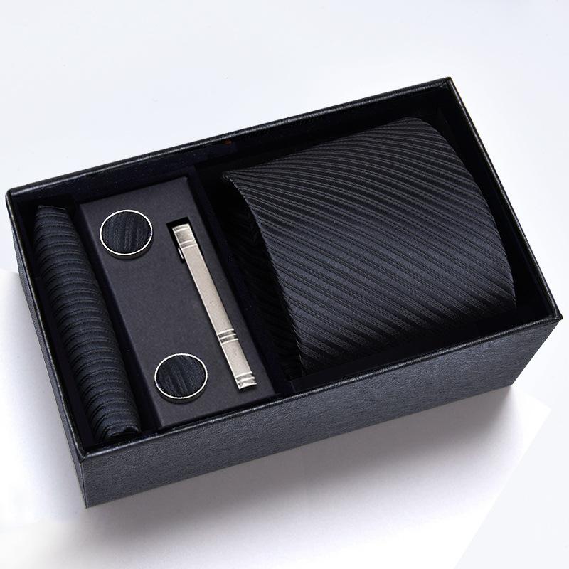 Gift Box Men'S Tie Square Scarf Cufflinks Tie Clip Five-Piece Set, Formal Business Blue Stripes