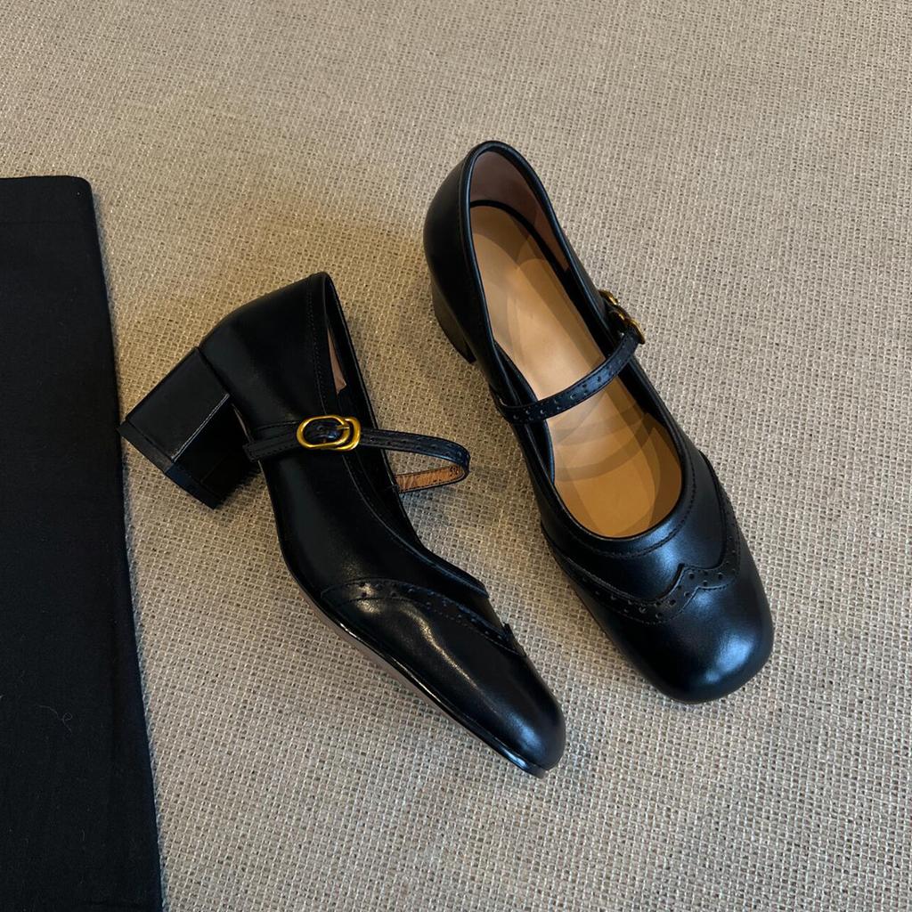 Lan Cabinet Edition~ Versatile One-word Button Light Heel Mary Jane Shoes Women's Retro Block Square Head Soft Leather Small Single Shoes