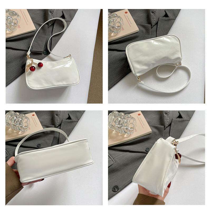 Women'S Pu Leather Handbag Versatile Fashion Solid Color Cherry Pendant Shoulder Bag Casual Commuting Bag Girl Underarm Bag