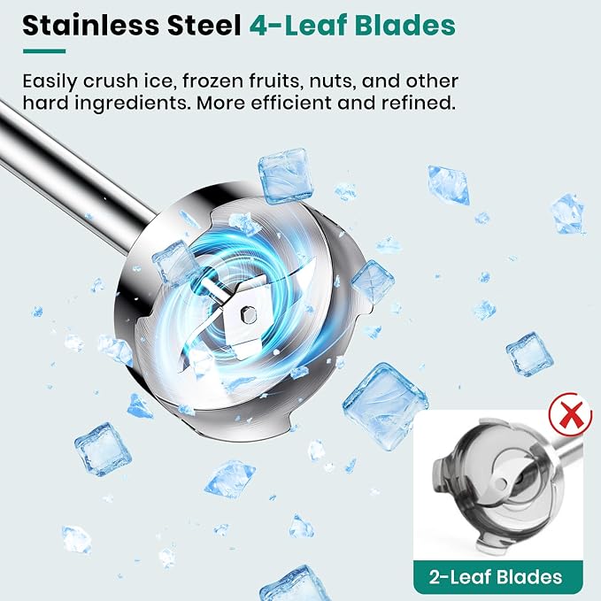 4-in-1 hand blender, suitable for crushing ice, smoothies, baby food, and meat.