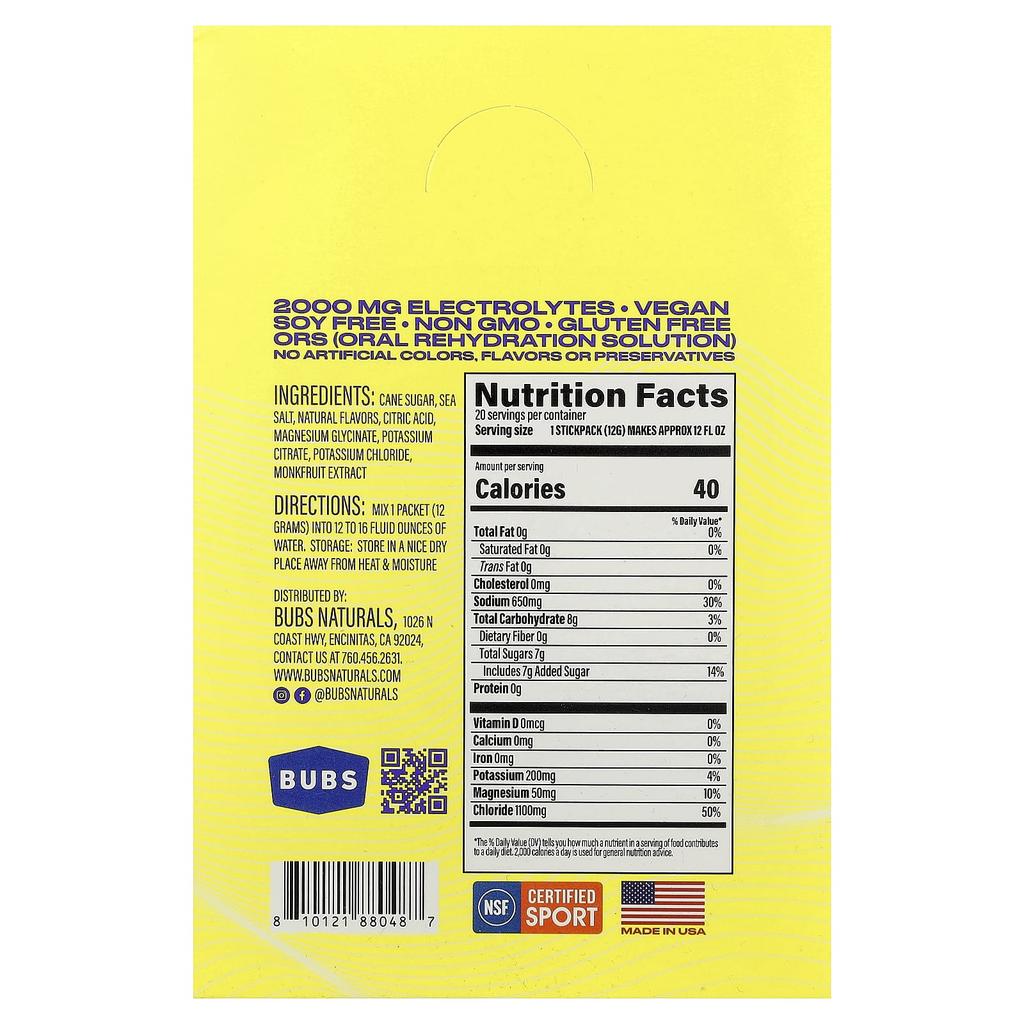 BUBS Naturals, Hydrate or Die®, Electrolyte Drink Mix, Lemon, 20 Packets, 12.1 g (0.43 oz) Each