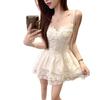 Sling adjustable pure desire wind fairy Korean waist design splicing lace off shoulder sleeveless high-end skirt woman