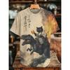 Retro Cat Ride Dinosaur T-Shirt 3D Printed Hip Hop Short Sleeve Crew Neck T-Shirt Top
