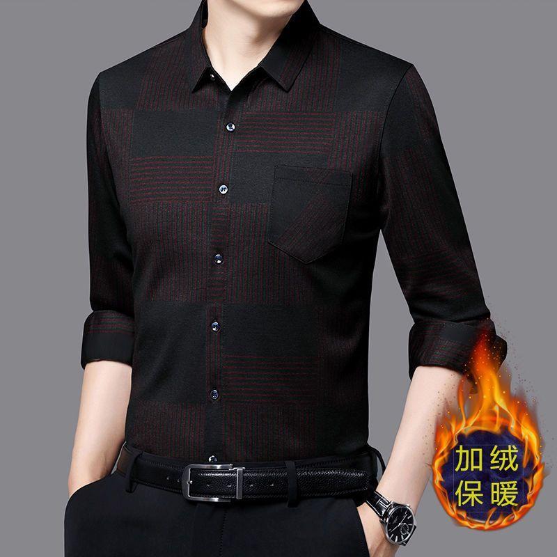

Autumn and Winter Men s Long-sleeved Velvet Thickened Shirt Business Casual Plaid Shirt Top L красный