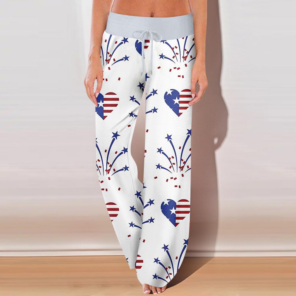 Damen Casual Sporthose mit Retro-Prints, perfekt für den Unabhängigkeitstag, mit Taschen und langer Länge.