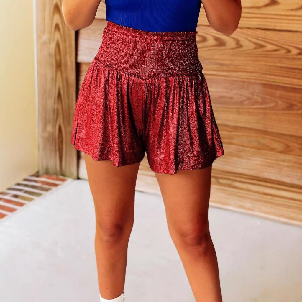 Women's Solid Color Loose Elastic Waist Draped Glitter Shorts