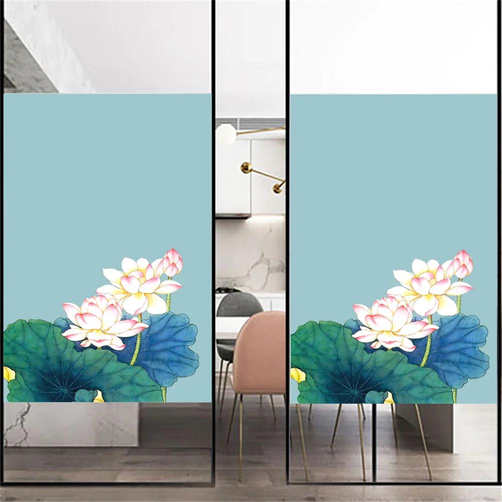 Static Cling Decorative Windows Film Privacy Lotus Flower Glass Window Stickers   Frosted Window Film for Home Decor