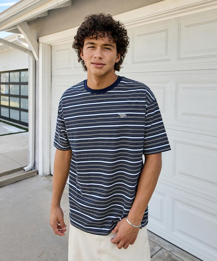 Peullukeu Retro Striped Short Sleeve T-Shirt Navy Fst343