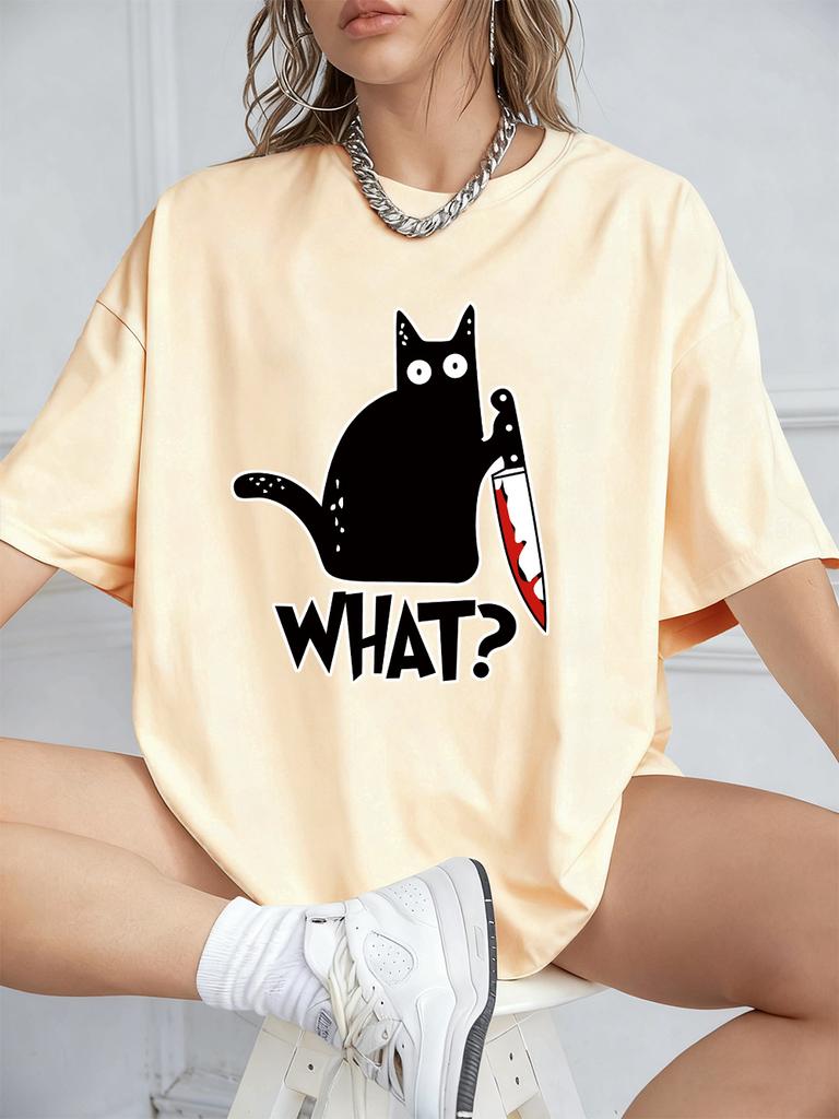 Schwarze Katze mit Messer Aufdrucken Kurzarm T-Shirts Damen Sommer Baumwolle T-Shirts Locker O-Ausschnitt Weiche Oberteile Streetwear