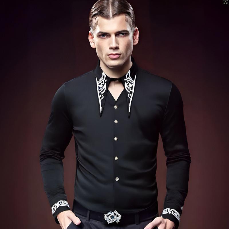 

Men s Gothic Embroidered Button Down Shirt Vintage Long Sleeve Slim Fit Dress Shirt Party Formal Blouse S чёрный