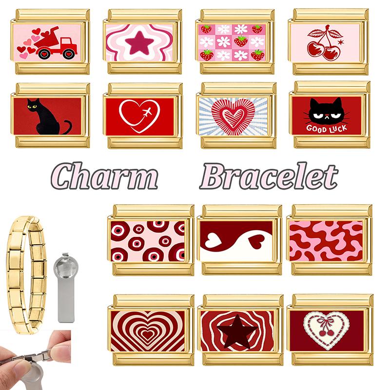 Romantic Red Strawberry Tai Chi Eyes Cat Star Golden Charm Links 9mm Bracelets Bangle Stainless Steel Girls' DIY Making Gifts