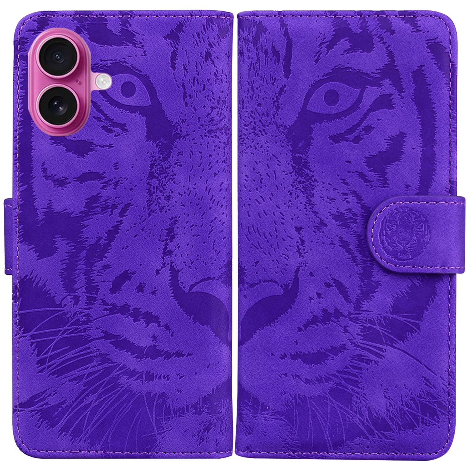 

For iPhone 17 Case Tiger Imprint Leather Wallet Phone Cover Purple