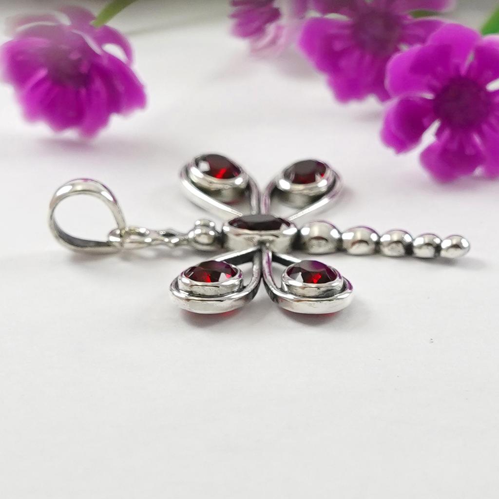 Dragonfly Pendant, Garnet Pendant, 925 Sterling Silver Pendant, Designer Pendant, Gift for Her, Handmade Pendant