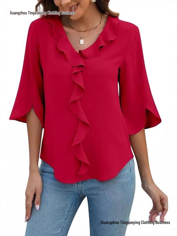 European & American Women's Artistic V-neck Ruffle Casual Shirt